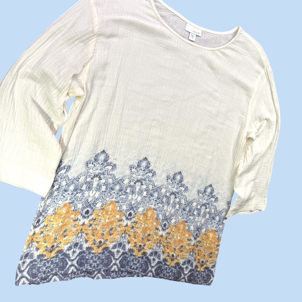 Pure Jill Border Print Blouse Women M Cream Gauze Cotton Crinkle 3/4 Sleeve Boho